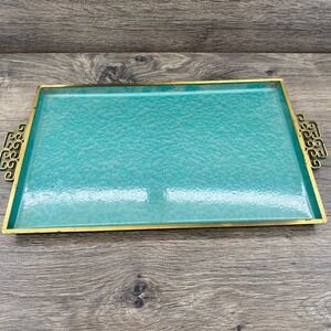 Vintage Kyes Moire Glaze Turquoise Gold Fretwork Handle Serving Tray Pasadena CA